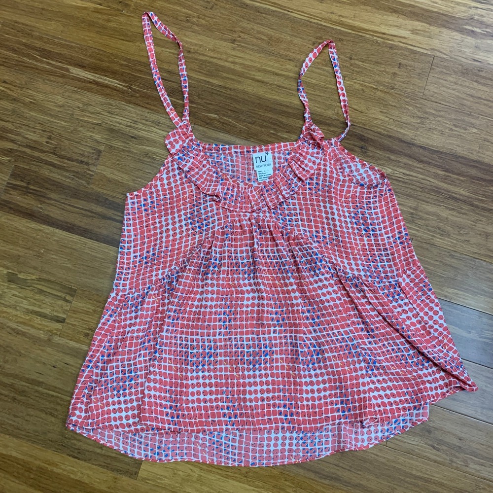 NU New York Women's Sleeveless Ruffle Neck Tank Top Pink Patterned Casual Large‎